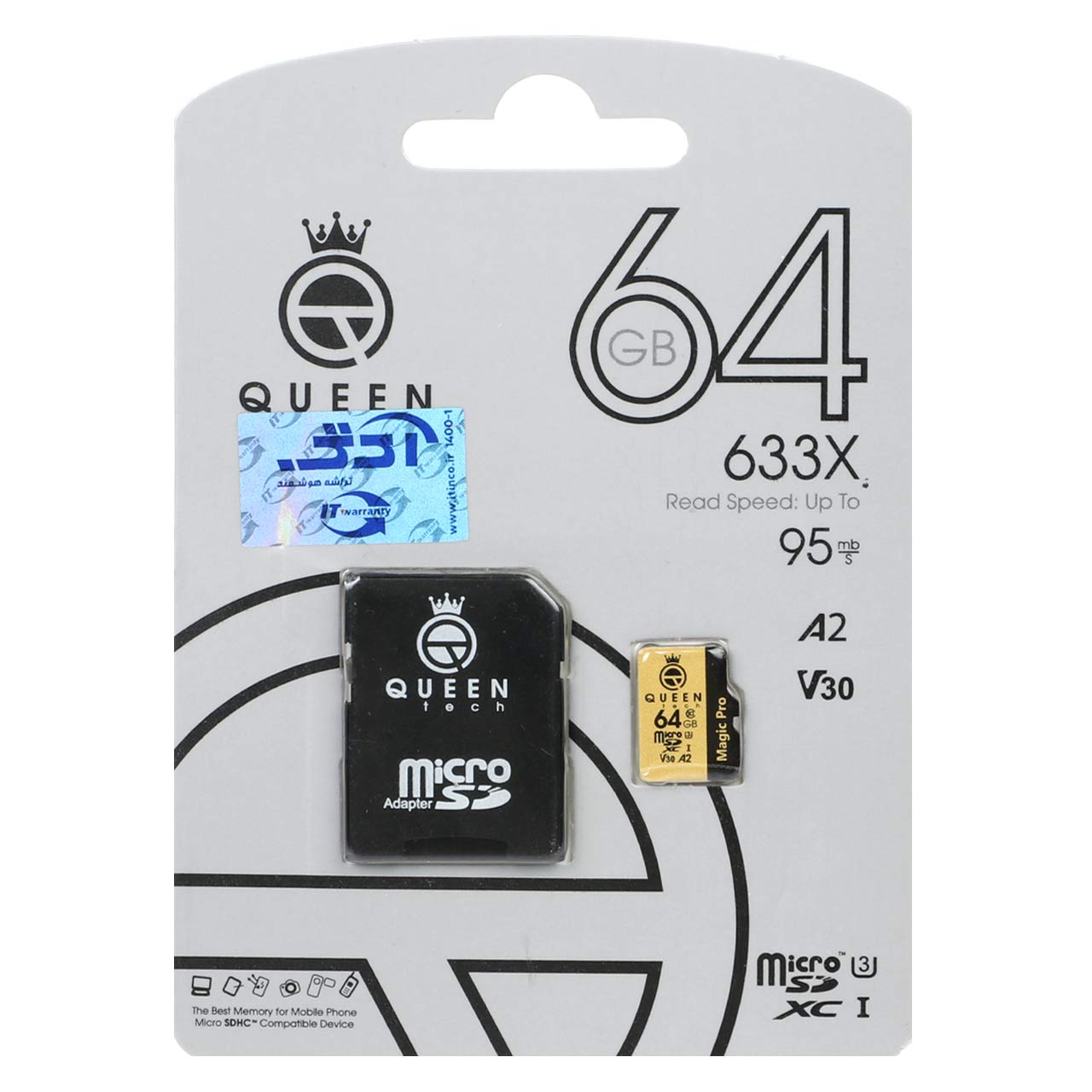 548950 (گارانتی مادامالعمر شرکت آی تین) Queen tech microSDHC & adapter U3 Class 10 633X -95MB/s - 64GB مشکی طلایی - تصویر 1