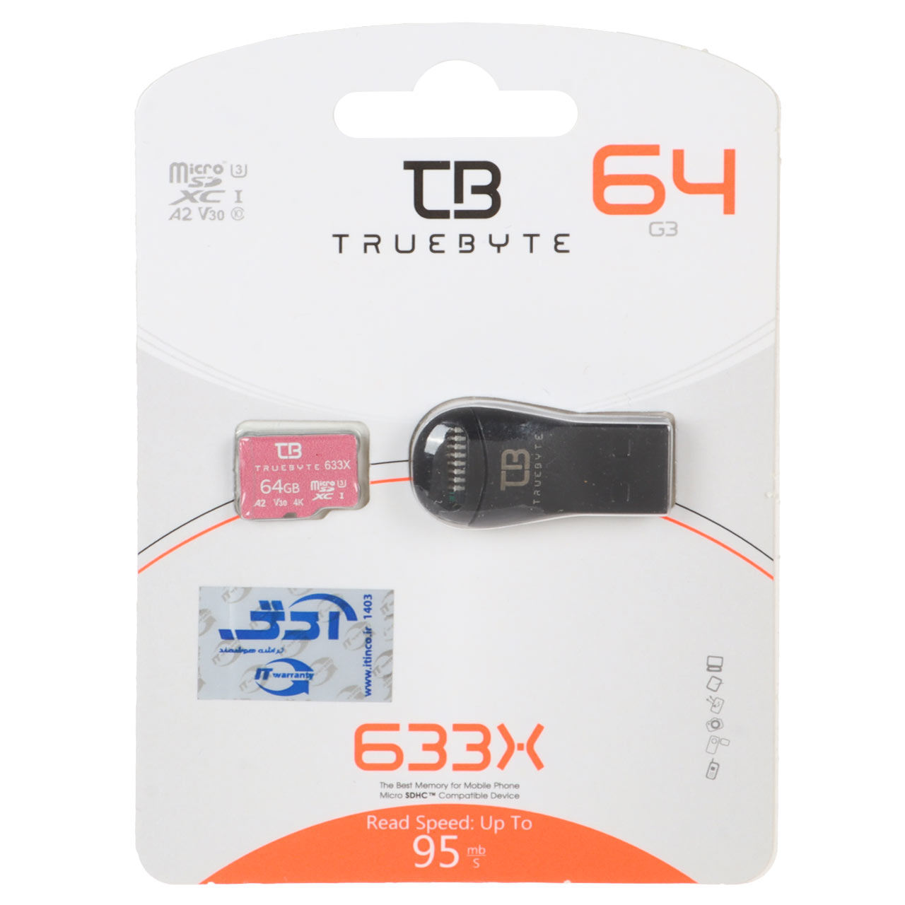 1352968 (گارانتی مادامالعمر شرکت آی تین) TRUEBYTE microSDXC & Card Reader U3 Class 10 633X -95MB/s - 64GB - تصویر 1