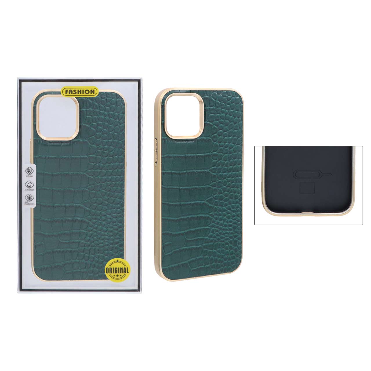 1216528 قاب طرح چرم کروکودیل دور طلایی Apple iPhone 12 / iPhone 12 Pro - سبز (پک دار) - تصویر 1