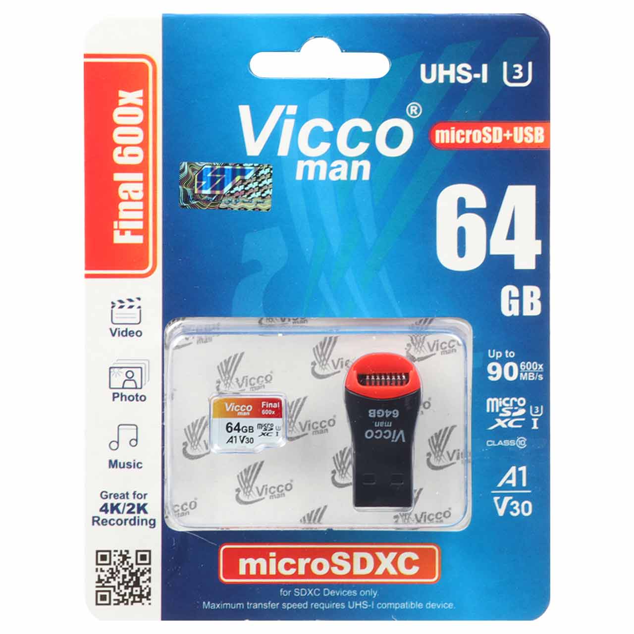 999510 ViccoMan MicroSDXC&USB Final 600X V30 UHS-I U3 - 64GB - تصویر 1